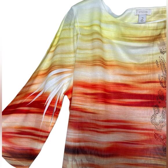 Chicos Tropical Print 3/4 Sleeve Top Size 2 - Picture 4 of 12